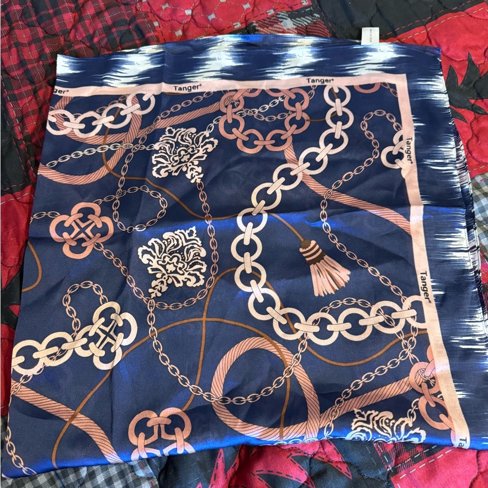 Tanger Navy Chain & Tassel Print Square Scarf Silk-Feel NEW